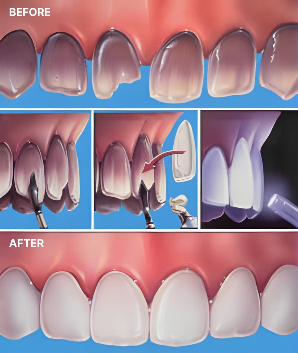 Illustration showing before and after results of dental veneers treatment